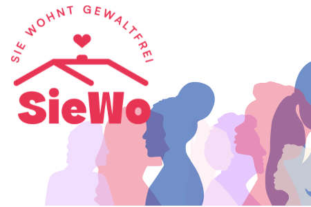SieWo- Sie wohnt gewaltfrei Logo des Projekts sowie Silhuetten von Frauenfiguren