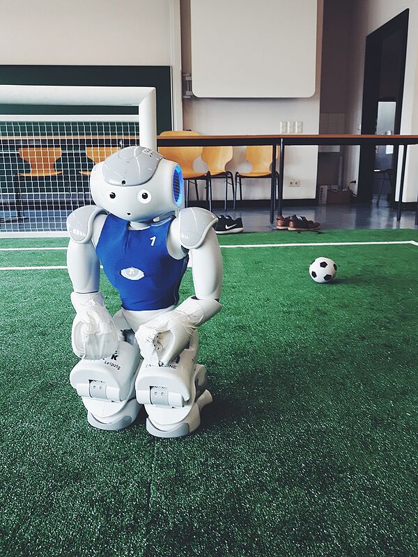 Ein Roboter auf grünem Rasen, dahinter ein Tor und ein Ball