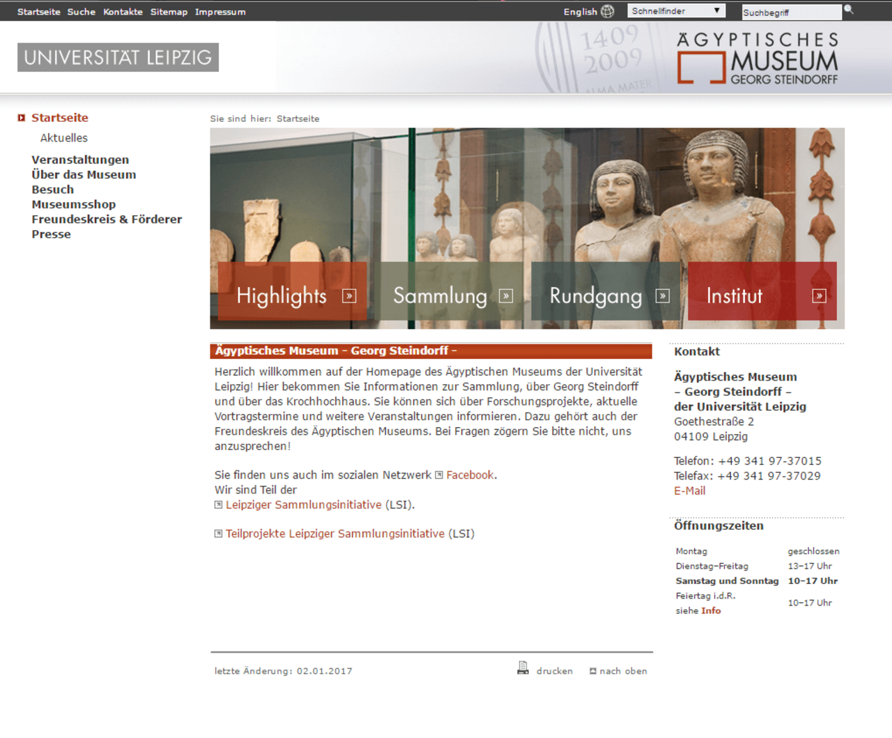 Screenshot der Startseite der Website des Ägyptisches Museum