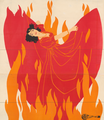 Auf einem Schallplattencover tanzt eine rot gekleidete Frau im Feuer. Mit ihren ausladenden Bewegungen und ihrem großen roten Kleid nimmt sie sehr viel Platz ein. Sie hat den Kopf zurückgeworfen und lacht.