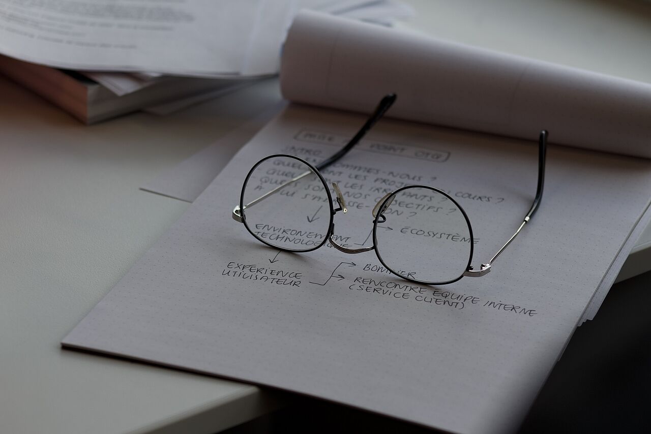 Brille, die auf einem Schreibblock mit Notizen liegt