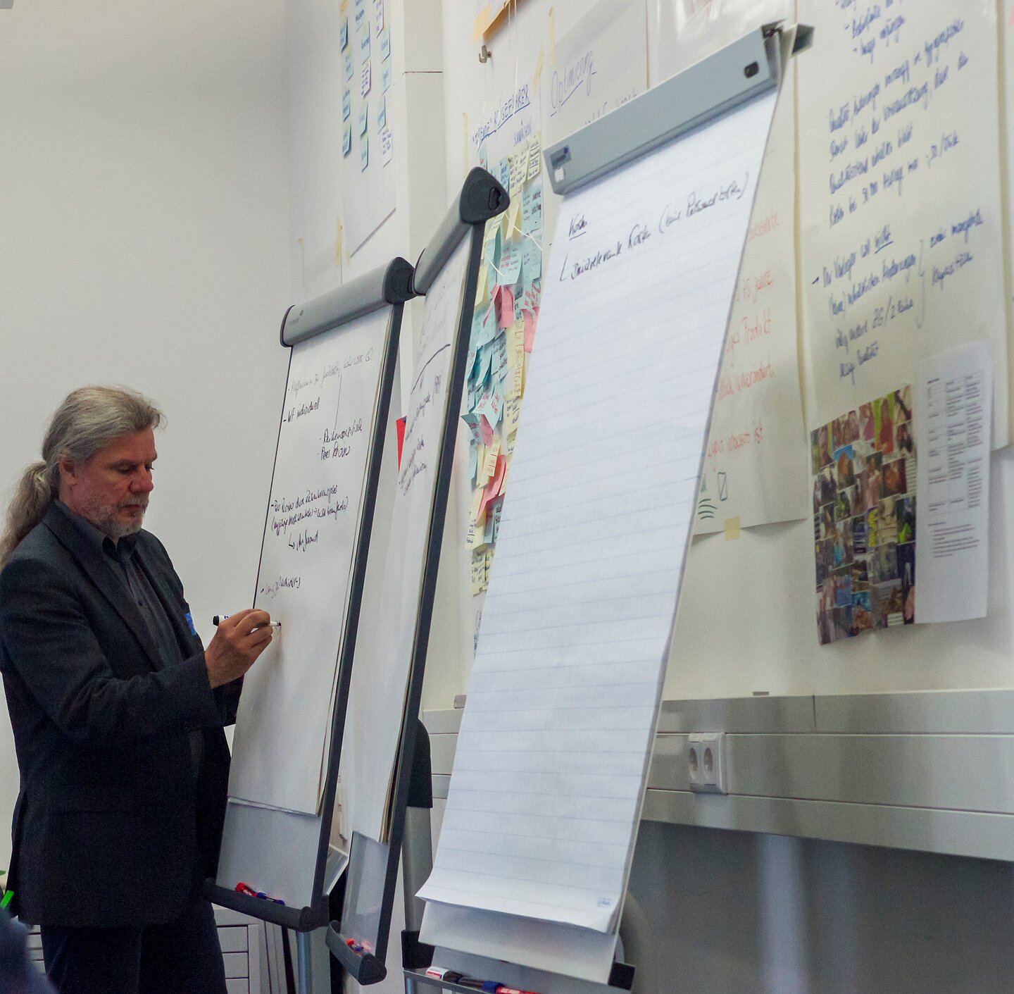 Ein Mann schreibt mit einem Marker Worte an die linke von zwei aufgestellten Flipcharts