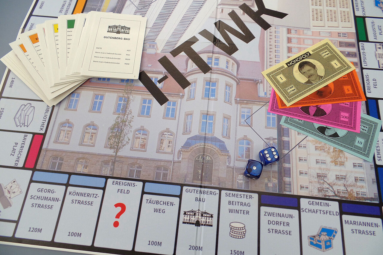 Nahaufnahme des Spielbretts Monopoly HTWK Edition, bedruckt mit Gebäuden der HTWK und Schriftzug HTWK. Daruf liegen Ereigniskarten, einige Geldscheine in verschiedenen Farben und zwei blaue Würfel.