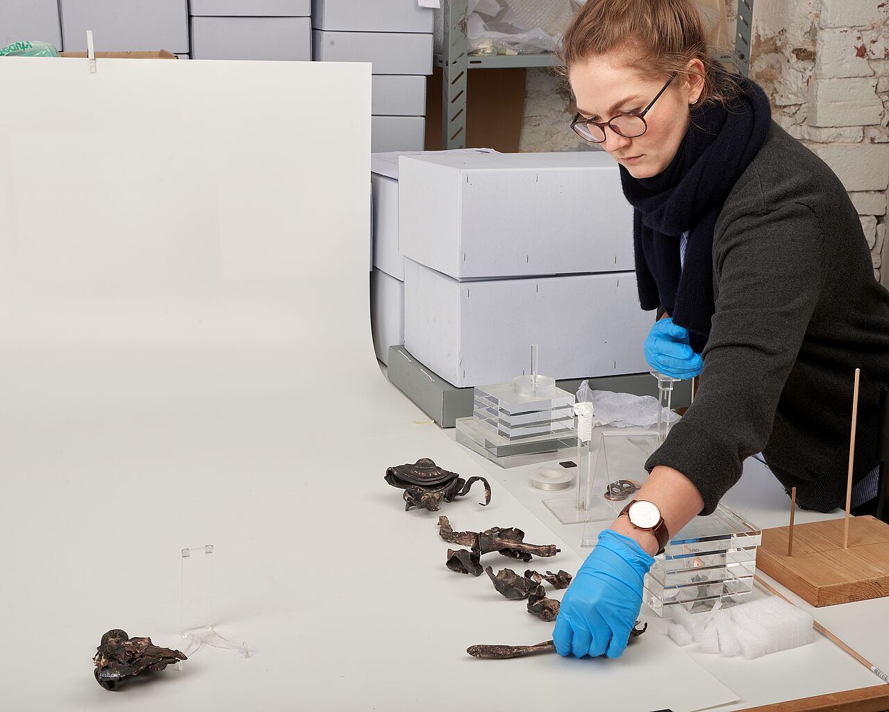 Eine Absolventin des Studiengangs Museologie an der HTWK Leipzig platziert Metallobjekte auf einem Fototisch.