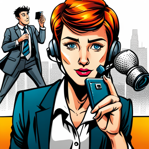 Junge Journalistin mit futuristischer Medientechnik führt ein Interview 2050, Comic-Style
