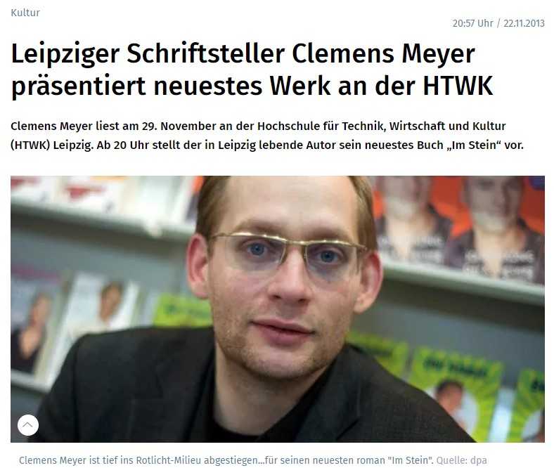 Screenshot eines Zeitungsartikel über Clemes Meyers Lesung an der HTWK