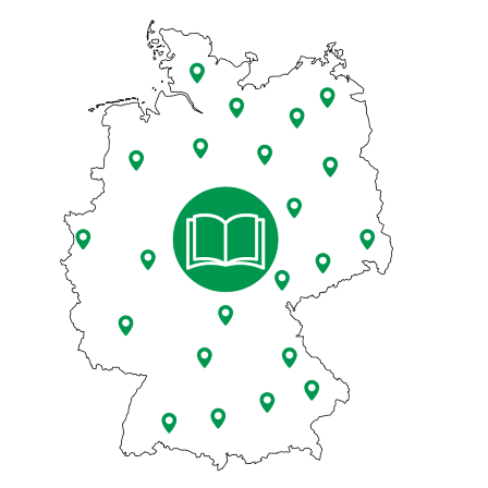 schemenhafte Darstellung einer Deutschlandkarte mit verschiedenen Zielpunkten zur Visualisierung des Bibliotheksnetzes in Deutschland