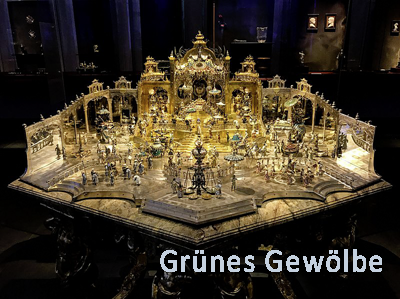 Abbildung des Hofstaates zu Delhi am Geburtstag des Großmoguls, ausgestellt als vergoldete Miniatur im Grünen Gewölbe in Dresden.